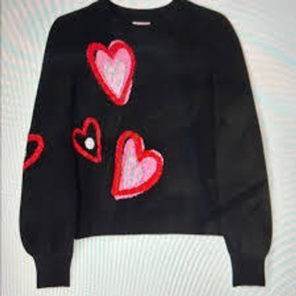 Kate Spade Women Sweater S Black KA436 Heart Intarsia Fuzzy Puff Sleeve